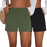 Neer 2 Pack Women's Casual Linen Shorts, Comfy Elastic High Waisted 2026 Wide Leg Summer Lounge Short with Pockets