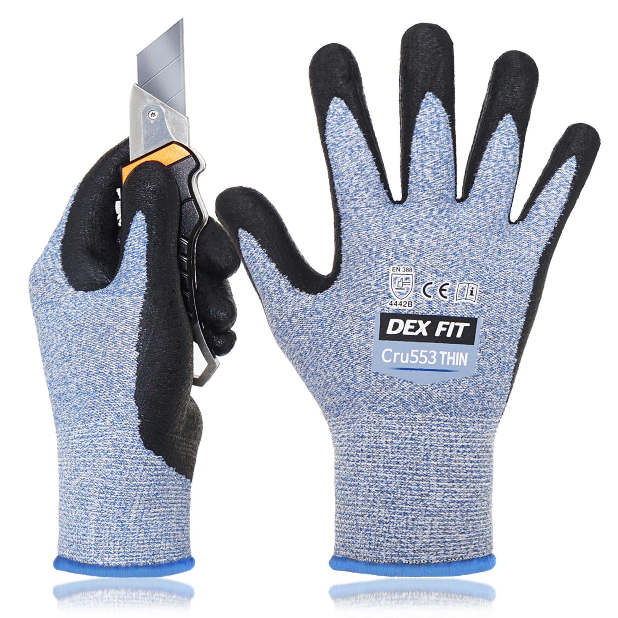 DEX FIT 15-Gauge Level 4 Cut Resistant Gloves Cru553 Thin, 3D Comfort Ultra Soft, High-Dexterity for Precision Feel, Blue X-Small 1 Pair — image 1