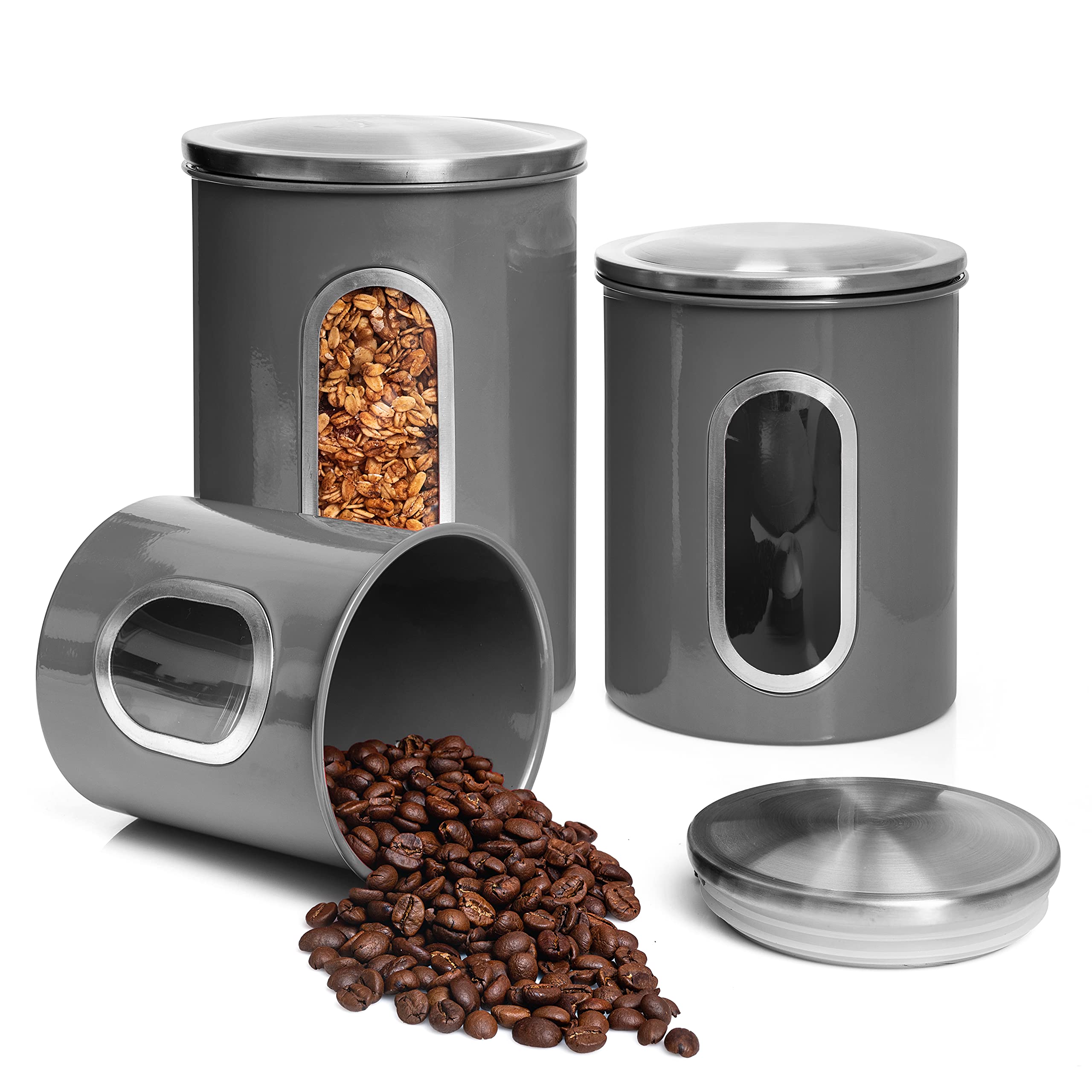 Photo 1 of Moss & Stone 3-Piece Gray Canisters Sets For The Kitchen, Airtight Canister Set With See Through Window, Storage Jars for Coffee Container, Tea Organizer & Sugar Canister, Gray Kitchen Canisters
