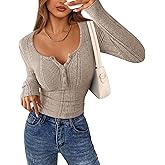 PRETTYGARDEN Women's Long Sleeve Tops 2026 Spring Fashion Clothes Henley Shirts Slim Fitted Ribbed Tees Blouses Fall Outfits