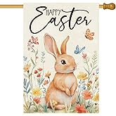 Baccessor Happy Easter Bunny House Flag 28x40 Inch Double Sided Outside,Easter Rabbit Rustic Spring Floral Flowers Holiday Yard Porch Patio Outdoor Large Garden Flag Decoration