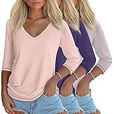 Ficerd 3 Pack Women's 3/4 Length Sleeve T Shirts, V Neck Tops Loose Fit Blouses Casual Tees 2026 Fashion Clothes