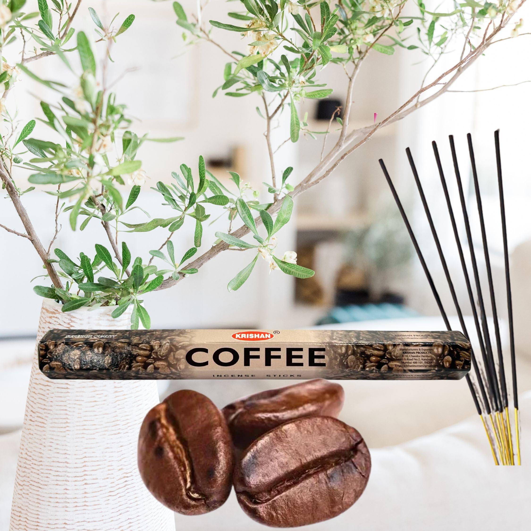 Krishan Coffee Incense Whole Box 120 joss Sticks | Agarbatti Fragrance Room | 1 Pack 120 | Incense Stick