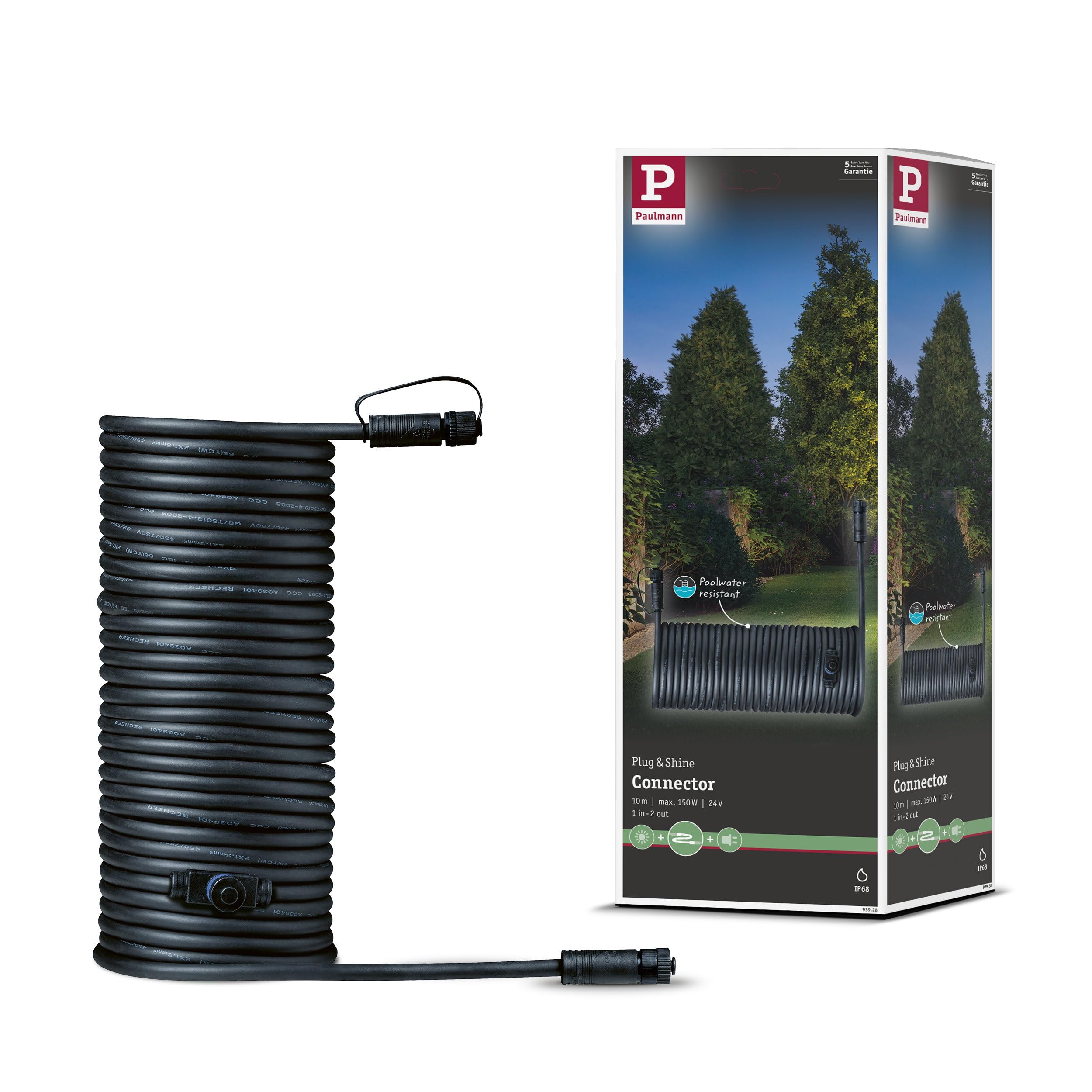 Paulmann 93928 Outdoor Plug & Shine Cable IP68 10m 1 in-2 Out 2x1,5mm² Black Plastic