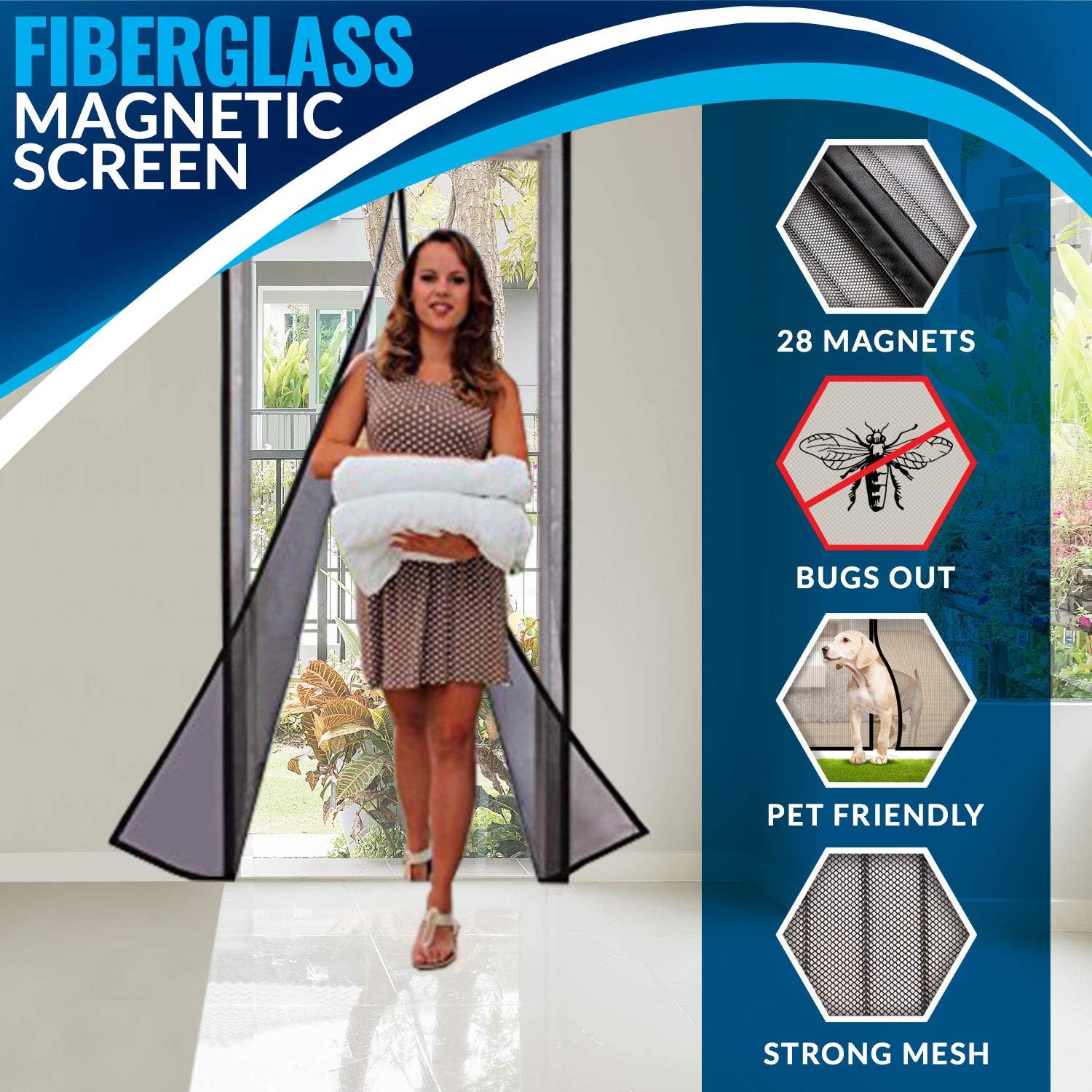 Portable Magnetic Screen Door Curtain - Full Frame Velcro & Fiberglass Mesh.by Outdew This Instant Retractable Bug Screen Opens and Closes Magically. Fits Doors up to 34" x 82"