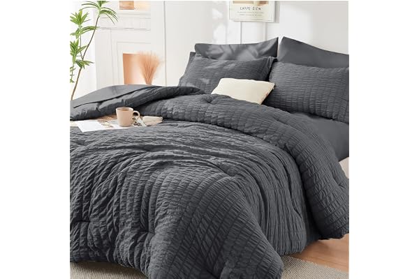 HYMOKEGE Queen Comforter Set Seersucker 7 Pieces, All Season Luxury Bed in a Bag for Bedroom, Bedding Set with Comforters, Sh