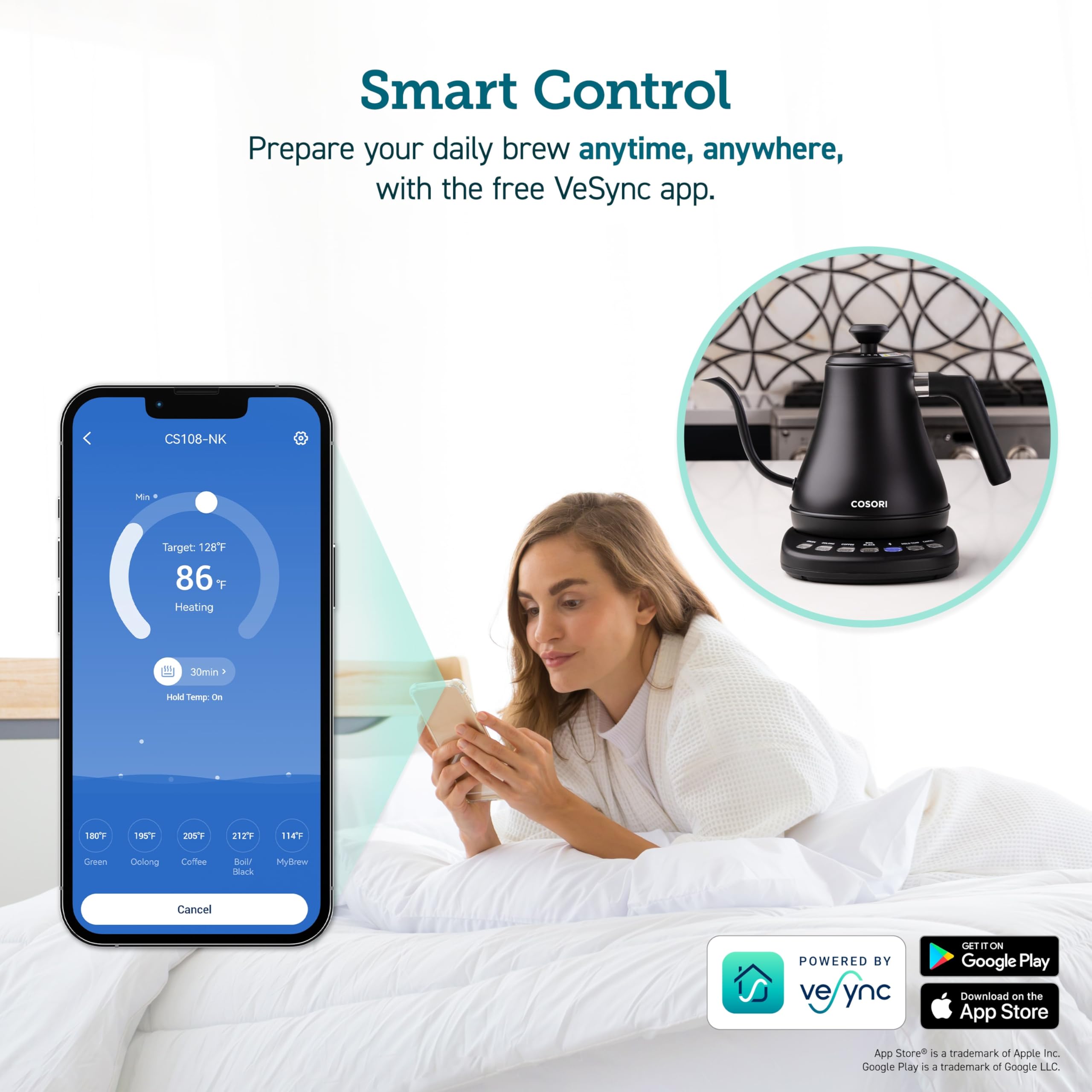 COSORI Hervidor eléctrico con cuello de cisne Bluetooth inteligente con control de temperatura variable, cafetera y tetera, 100% acero inoxidable, calentamiento rápido, negro mate