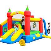 WELLFUNTIME Inflatable Bounce House with Blower | 9 IN 1 Kids Bouncer with Ball Pit, Basketball Hoop, Soccer Goal, Dartboard, Ages 3-10, Backyard Outdoor, 145.5x120x85 Inch