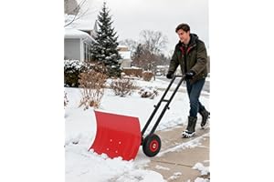 29x19inch Snow Shovel with Wheels, Heavy Duty Wheeled Snow Pusher with 29x20 in Wide Metal Blade, Angle & Height Adjustable H