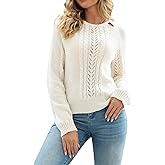 LANSALIRO Women's Crew Neck Cable Pullover Sweaters Casual Long Sleeve Hollow Out Knitted Tops with Silver Thread