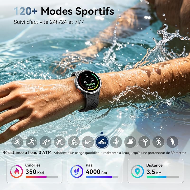 Montre Connectée Femme Homme Ronde 1,27'' HD Smartwatch 2 Bracelets, Appels Bluetooth, 120+ Modes Sportifs, Étanche, Suivi Santé et Activité Compatible pour Samsung iPhone Android iOS Noir — photo 3 sur 8