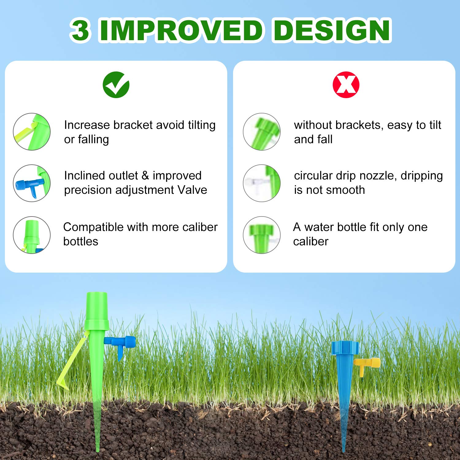 Plant Watering Spikes 24-Pack Upgraded Self Watering Devices with Control Valve Switch, Automatic Plant Waterer Vacation Drip Irrigation Water Stakes for Indoor & Outdoor, Fit for All Most Bottles