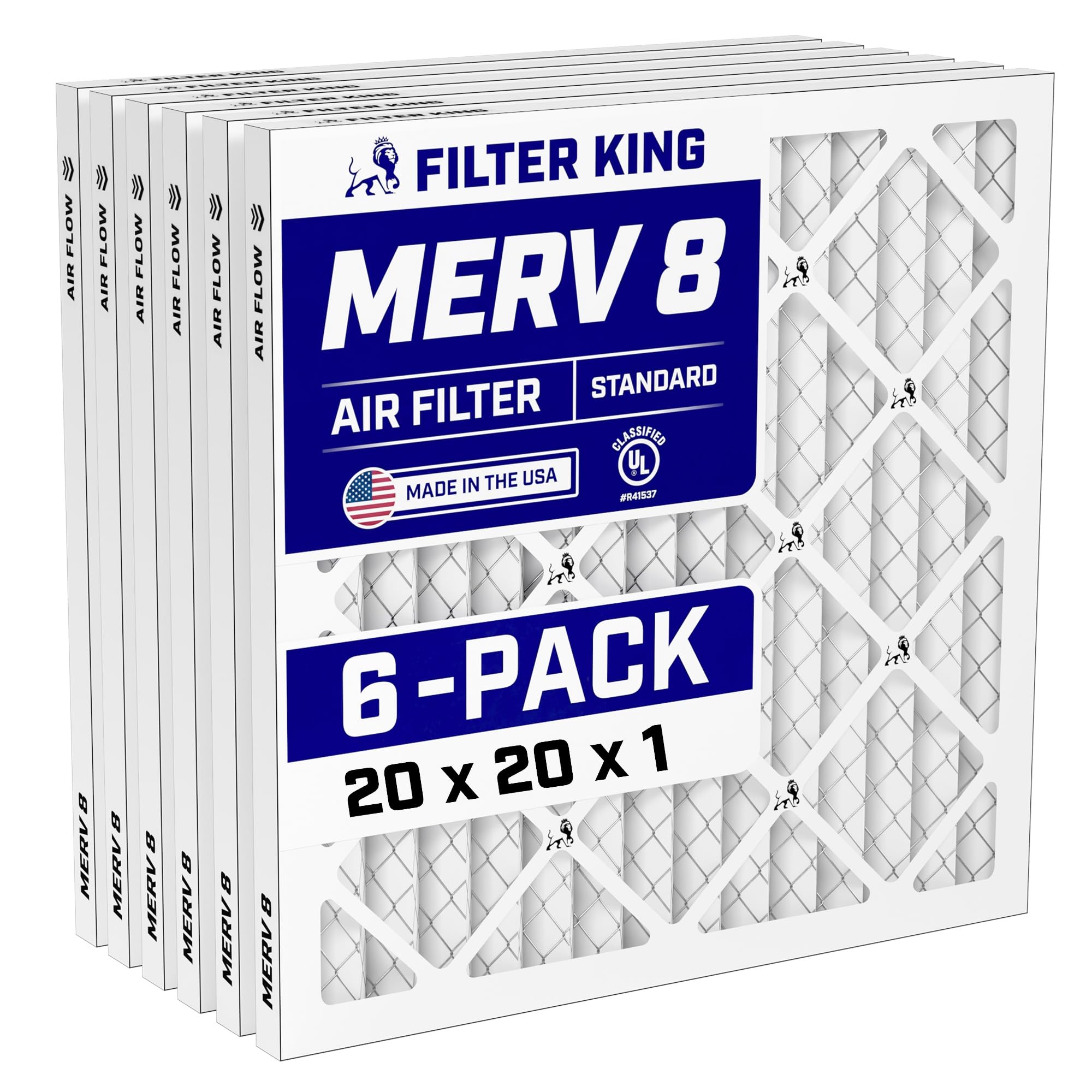Filter King 20x20x1 Air Filter (MERV 8) (6-Pack) Dust & Allergy Control AC Furnace Filters, MADE IN USA, HVAC, Pleated, Electrostatic (Actual Size: 19.5 x 19.5 x .75)