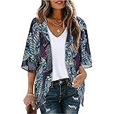 Women's Floral Print Puff Sleeve Kimono Cardigan Loose Cover Up Casual Blouse Tops
