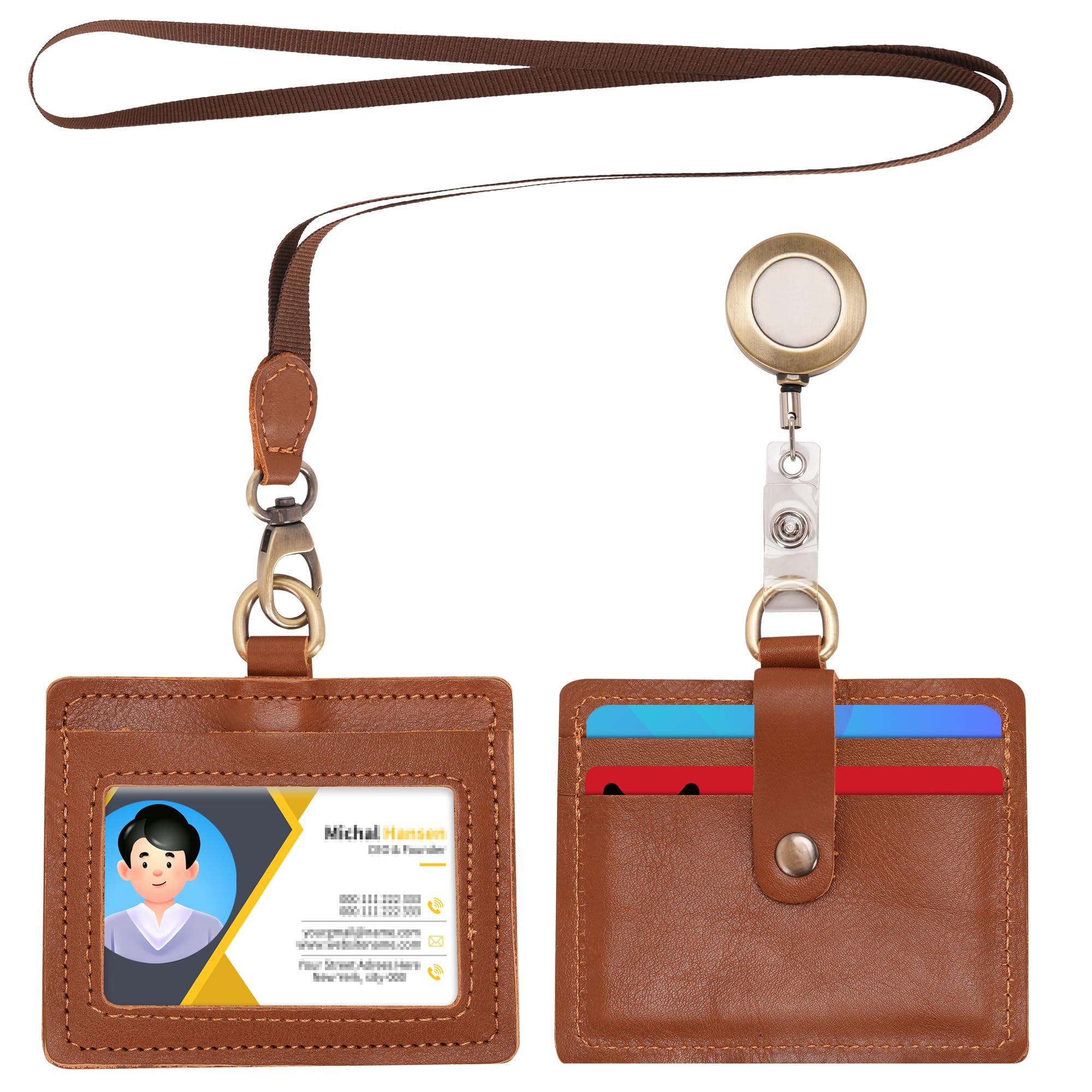 Wonderpool Leather Horizontal Badge Holder with Detachable Neck Lanyard and Retractable Badge Reel Clip, Card Slots Case ID Card Holder for ID Badges Card and Driver Licence (Brown)
