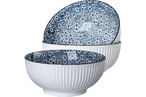 Dyware 60 oz Large Soup Bowl, Pho Bowls, 8 Inch Blue and White Porcelain Japanese Ramen Bowls Set of 3 - Floral Pattern