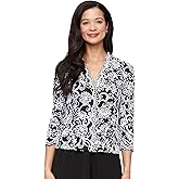 Alex Evenings Womens Stretch Embroidered Formal Event Blouse with Center Front Scallop Detail and Illusion Sleeves