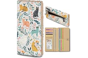 Immaturus Womens Wallet, Cat Leaf Slim Thin RFID Blocking Credit Card Wallets, Long Bifold PU Leather Card Holder Organizer, Cute Cash Clutch Billfold with Zipper Coin Pocket Ladies Girls Gift