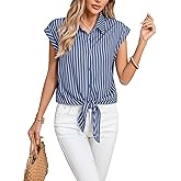 Poplab Women's Striped Button Down Shirts Short Cap Sleeve Tie Front Blouse Summer Casual Tops