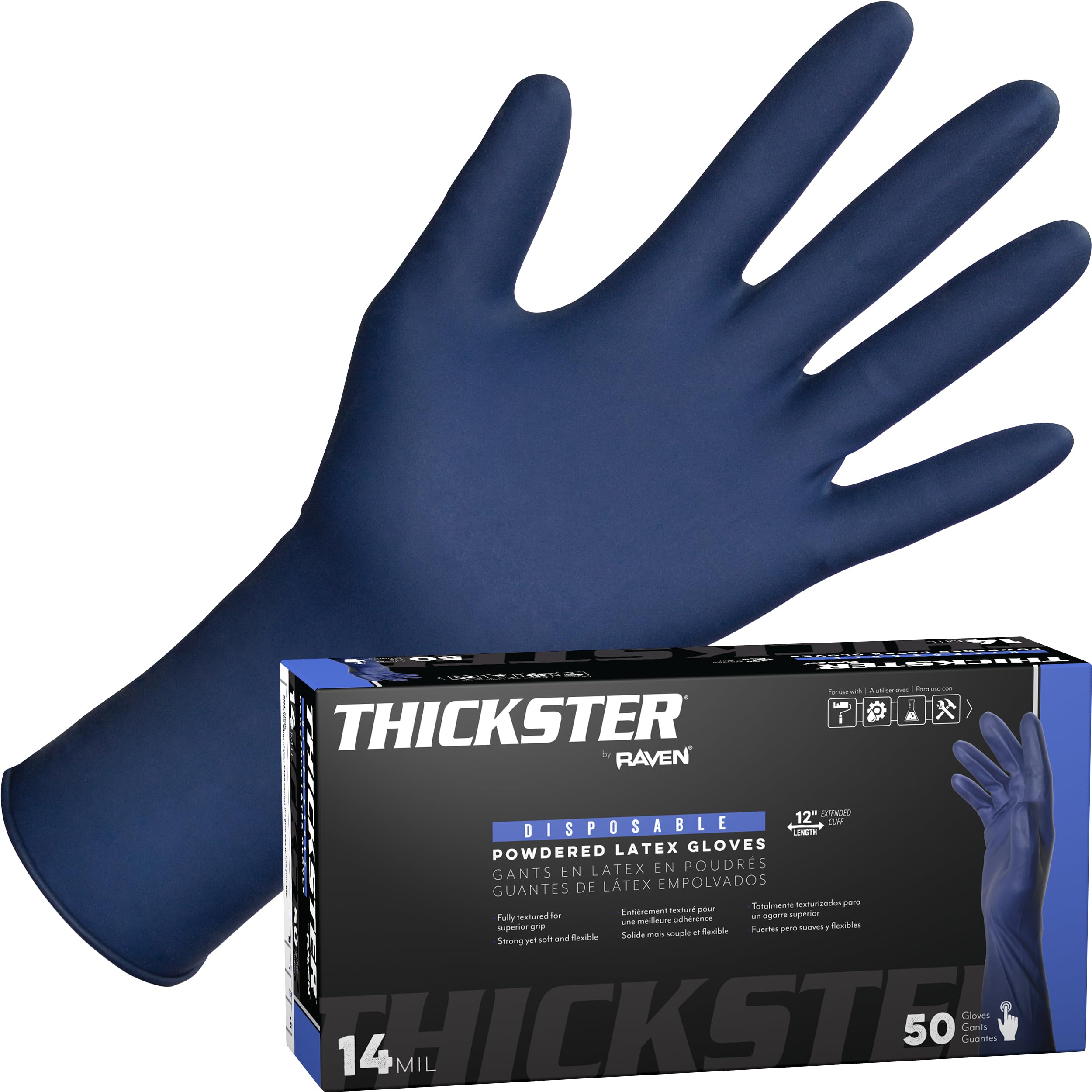SAS Thickster Powdered Latex Disposable Gloves - 10 Boxes / 50 Ea. 500 Gloves Total. 14 Mil, Large, Blue. Fully Textured. 12" Length. Puncture Resistant Image