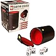 Bene Casa - Black Leather Dice Cup with Red Felt Interior Includes Reinforced Bottom and Snap-on Cup Lid - Comes with Set of 5 6-Sided Dice