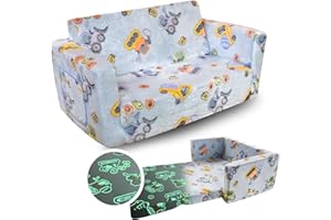 Truwelby Kids Sofa, Glow in The Dark Toddler Chairs Children's Extra Wide Convertible Sofa to Lounger - Extra Soft 2 Seats 2 in 1 Flip Open Chair & Sleeper, Toddler Couch, Kids Sofa Bed