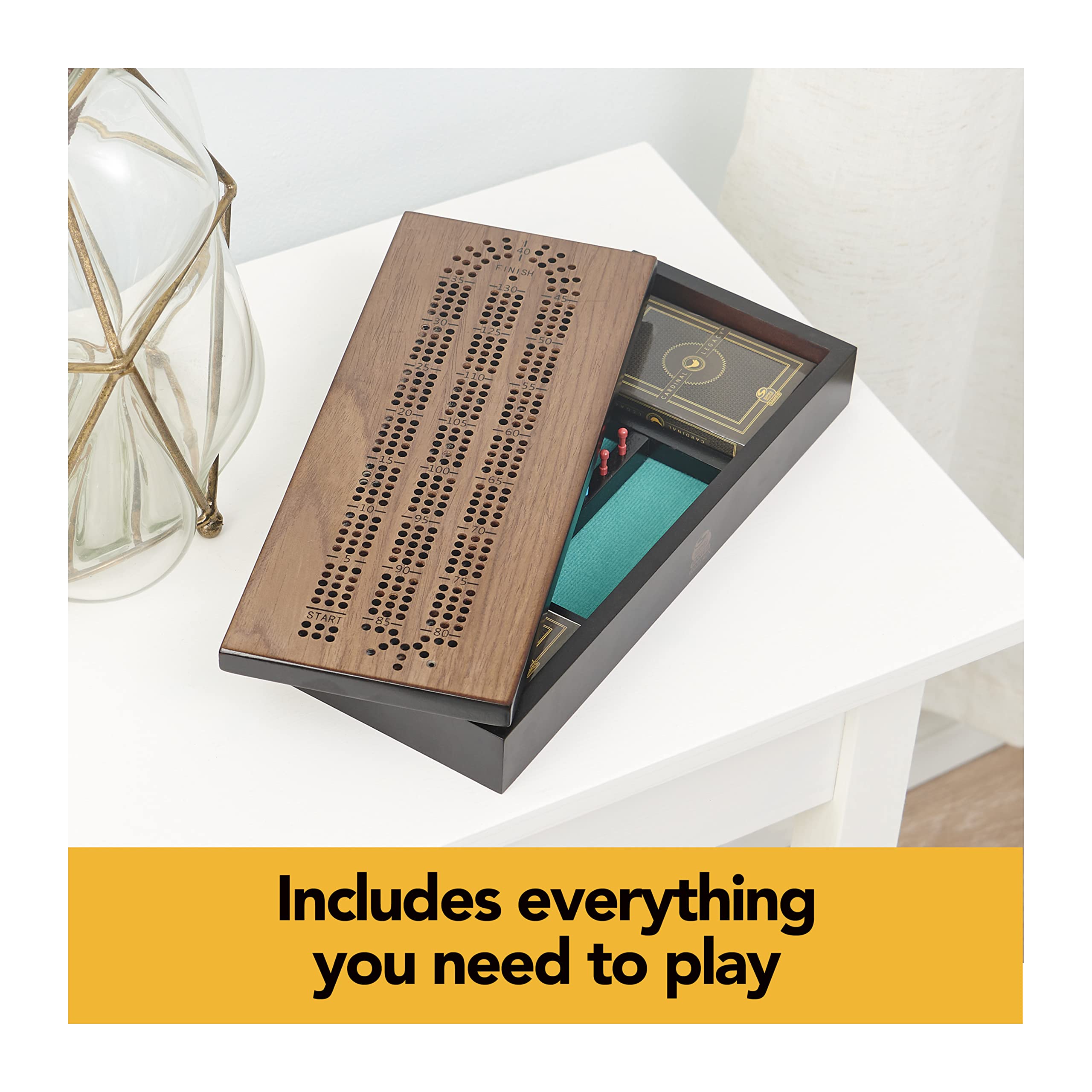 Legacy Deluxe Cribbage Classic Game with Lined Wooden Case and Colored Metal Movers, Family Game