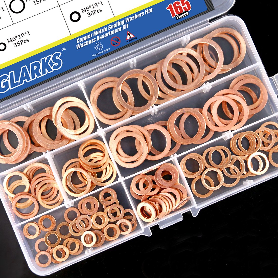 Glarks 165Pcs Metric Flat Ring Copper Sealing Washers Assortment Set - 8 Sizes of M6 M8 M10 M12 M14 M16 M18 M20 - Image 5