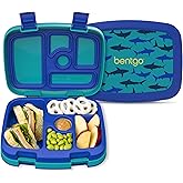 Bentgo Kids Prints Leak-Proof, 5-Compartment Bento-Style Kids Lunch Box - Ideal Portion Sizes for Ages 3-7, Durable, Drop-Proof, Dishwasher Safe, & PFAS & BPA-Free Materials (Sharks)