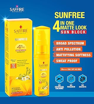 Saffire Naturals Sunfree Matte Look 4-in-1 Sunblock | SPF 40 | PA+++ | With Chamomile & Olives | All Skin Types | 50ml