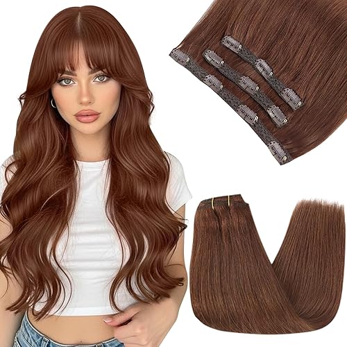 Sunny Hair Clip in Hair Extensions Straight Human Hair Clip in Extensions Remy Clip in Hair Extensions Real Human Hair Extensions Clip ins Dark Auburn Color 33 14inch