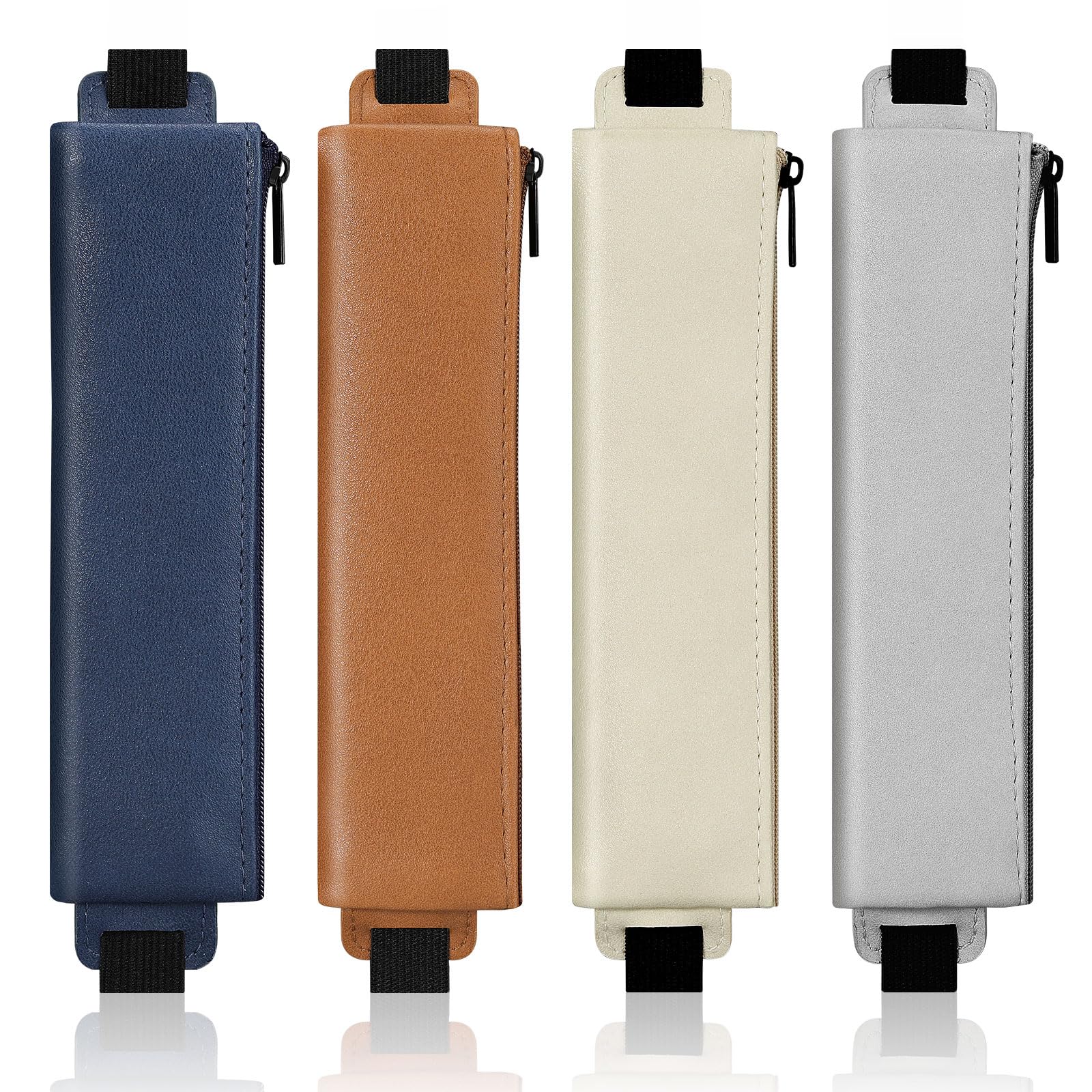 MoKo Elastic Pen Holder for Notebook, 4 Pieces PU Leather Pencil Case with Adjustable Band, Stationery School Supplies Zipper Bag for Planners, Journals, Book, Beige/Gray/Brown/Blue