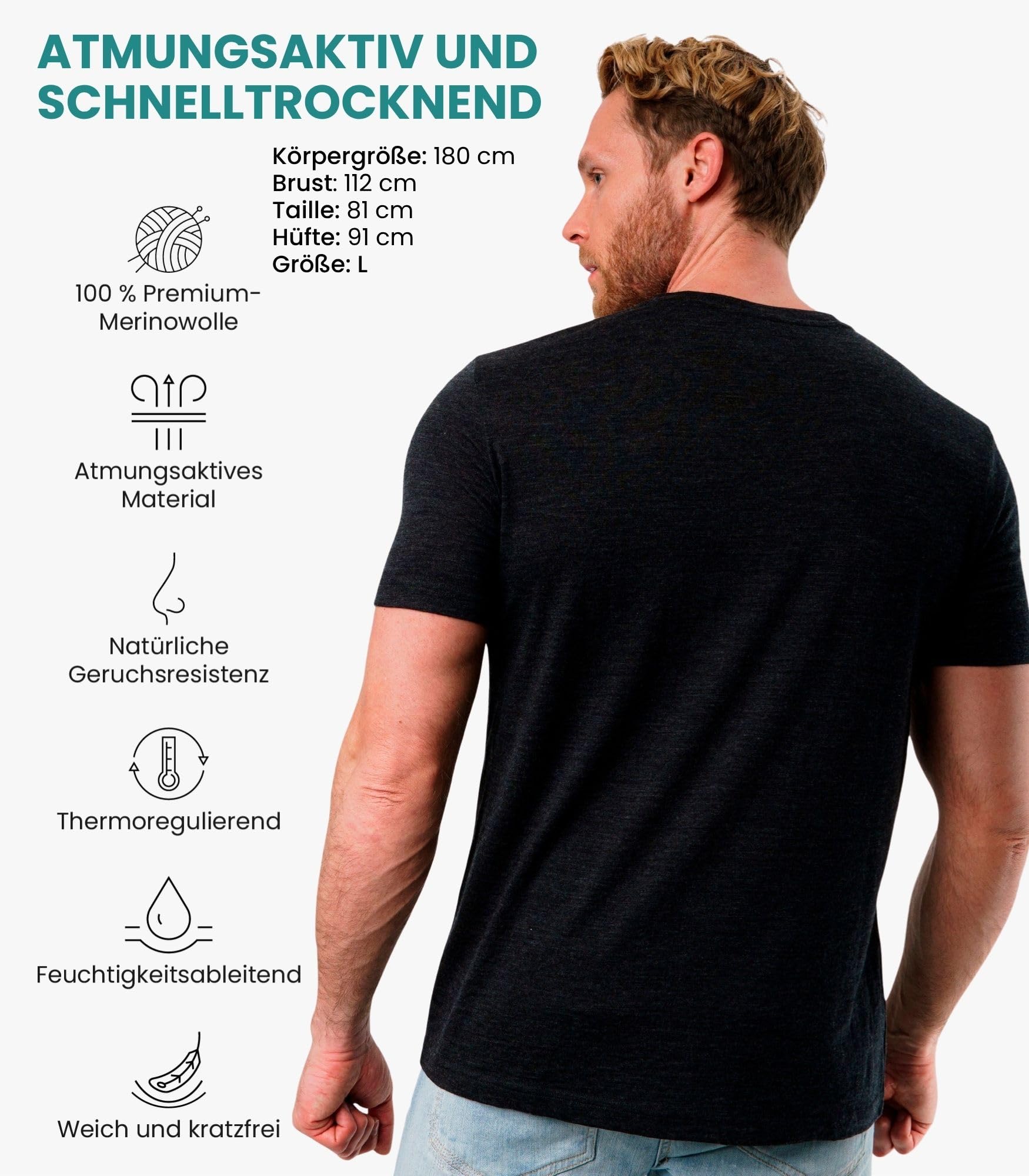 Premium Merino Shirt Herren Kurzarm - Atmungsaktiv Geruchshemmend Thermooberteile zum Wandern + Wanderwollsocken (Charcoal Grey, Large) 2