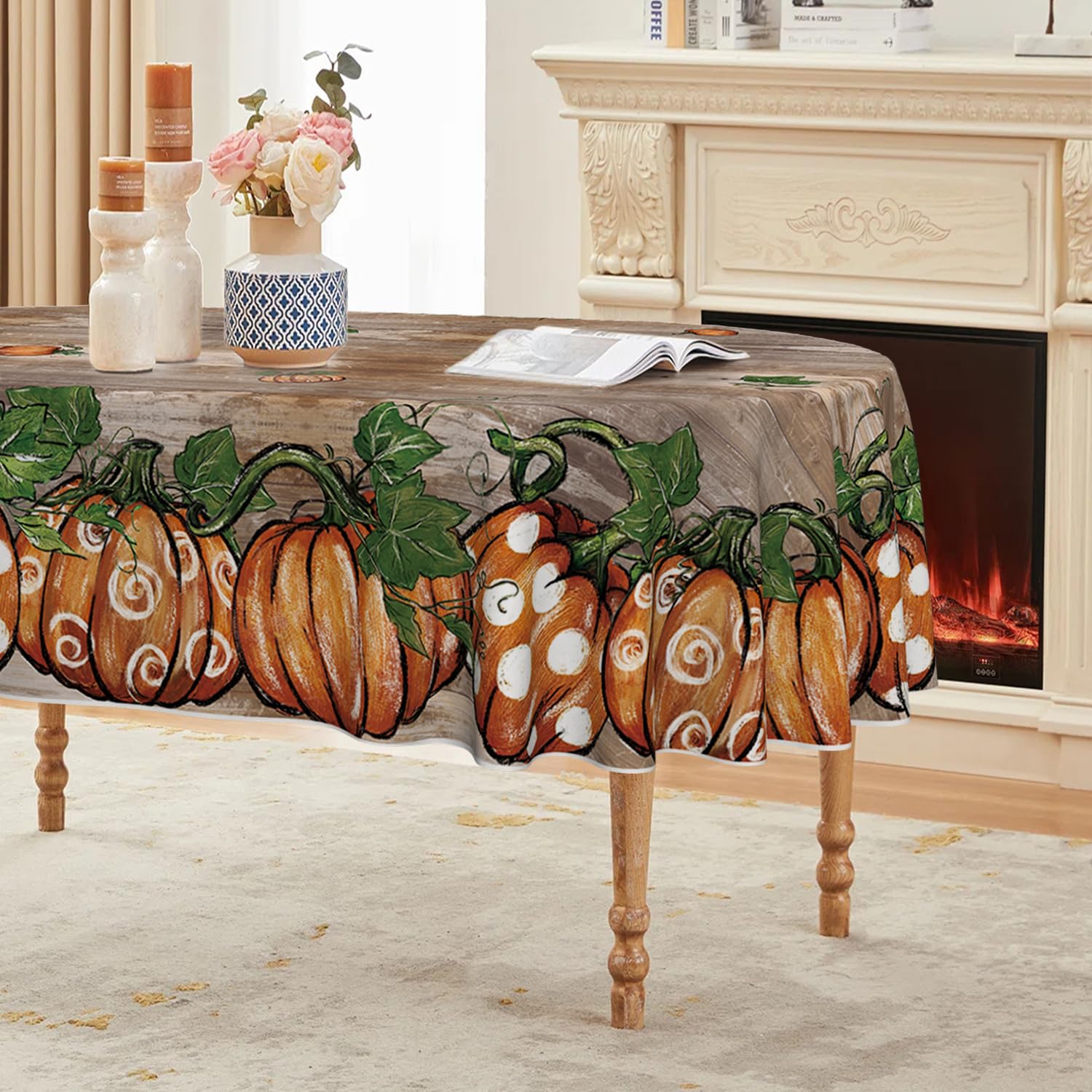Photo 1 of Horaldaily Fall Tablecloth 60×84 Inch Oval, Thanksgiving Autumn Harvest Orange Wood Plank Grain Pot Pumpkin Table Cover for Party Picnic Dinner Decor
