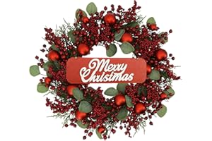 YNYLCHMX 20 Inch Christmas Wreath for Front Door, Winter Wreath with Welcome Sign Pine Needle Red Berry Ornaments, Artificial Door Xmas Wreaths for Window Fireplace Farmhouse Holiday Party Decoration
