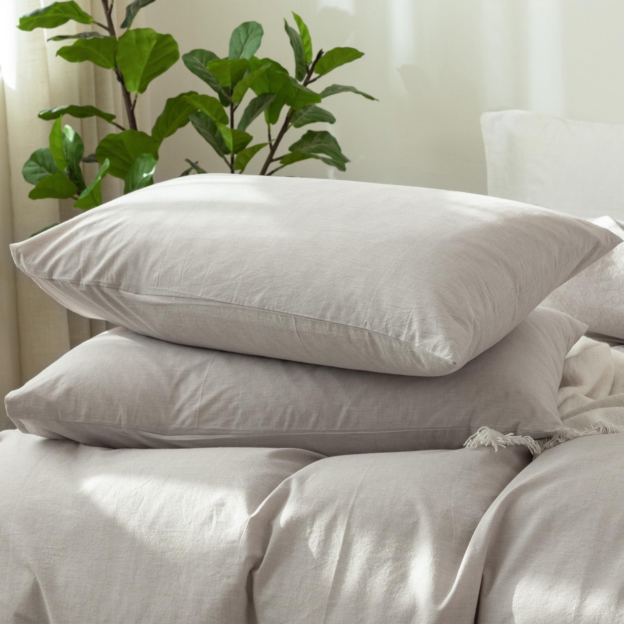 Photo 1 of MooMee Bedding Pillowcases Pack of 2 100% Washed Cotton Linen Like Textured Breathable Durable Soft Comfy (Heathered Natural Linen, Standard)
