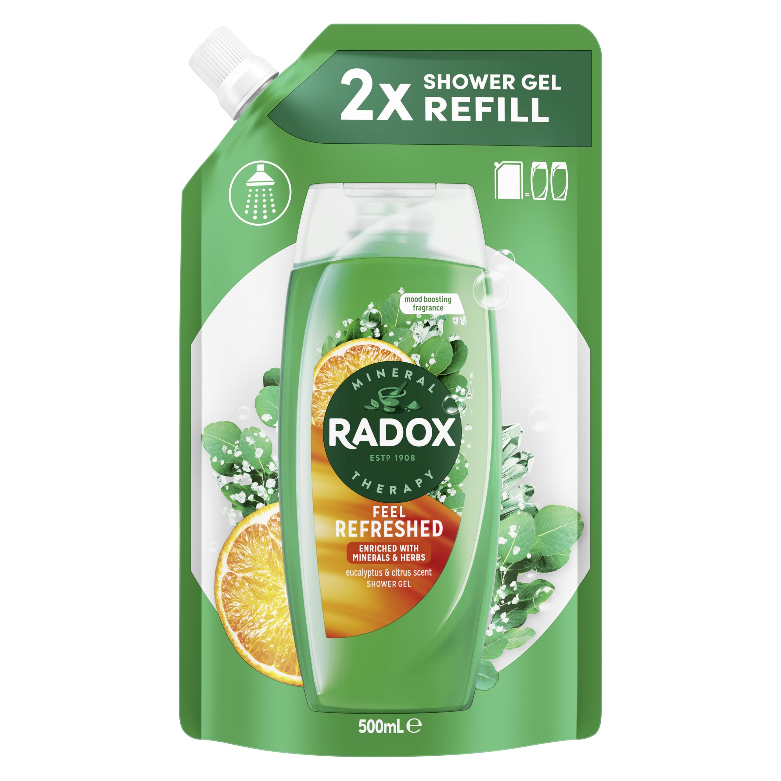 Radox Mineral Therapy Feel Refreshed Refill Pouch body wash pack of 10 shower gel with a eucalyptus & citrus oil fragrance for a refreshing shower experience 500 ml
