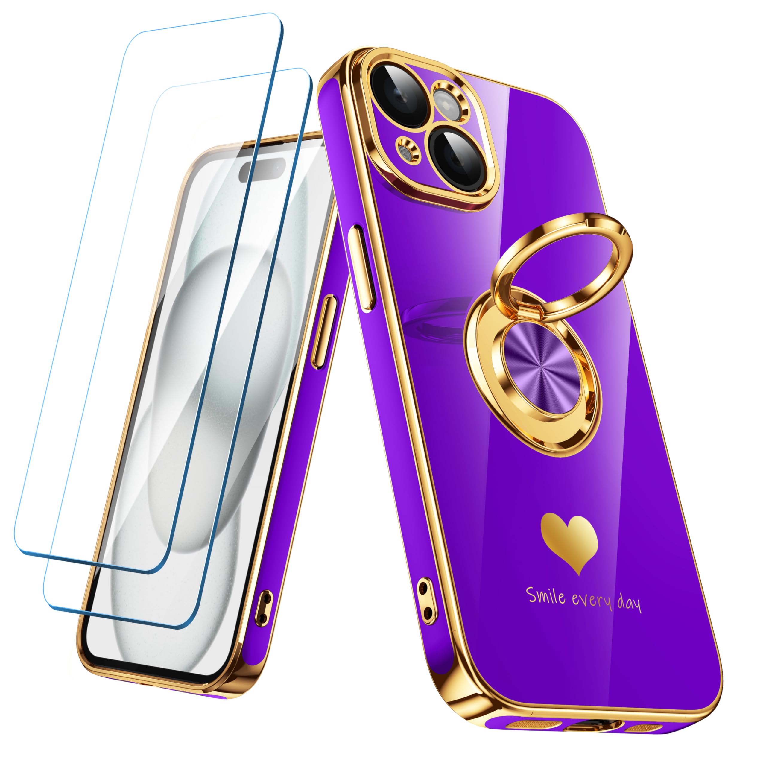 Nonional Compatible for iPhone 15 Case with 2 Pack Screen Protector, 360° Rotatable Ring Holder [Luxury Hearts Pattern] Plating Gold Edge Slim Soft Phone Cover Case for iPhone 15 - Neon Purple