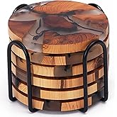 Avocrafts Drink Coaster Set, Wooden Absorbent Coasters, Epoxy Resin Coaster for Coffee Table, Tabletop Protection Decor, Set of 6 With Holder