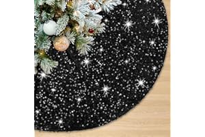 FANQISI Black Sequin Tree Skirt 48 Inches Velvet Tree Skirts with Glitter Sequins Big Xmas Tree Skirt for Halloween Christmas Decorations
