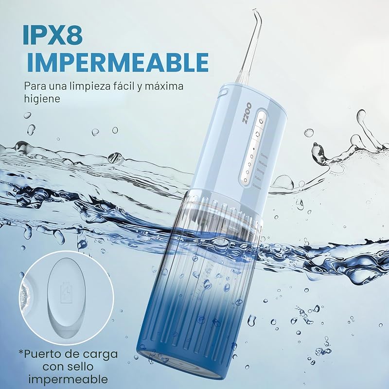Irrigador oral de viagem, irrigador oral sem fios de bolso, 5 modos de pressão, 6 pontas de jato, design compacto USB recarregável (Gradient Blue) — foto 8 de 8
