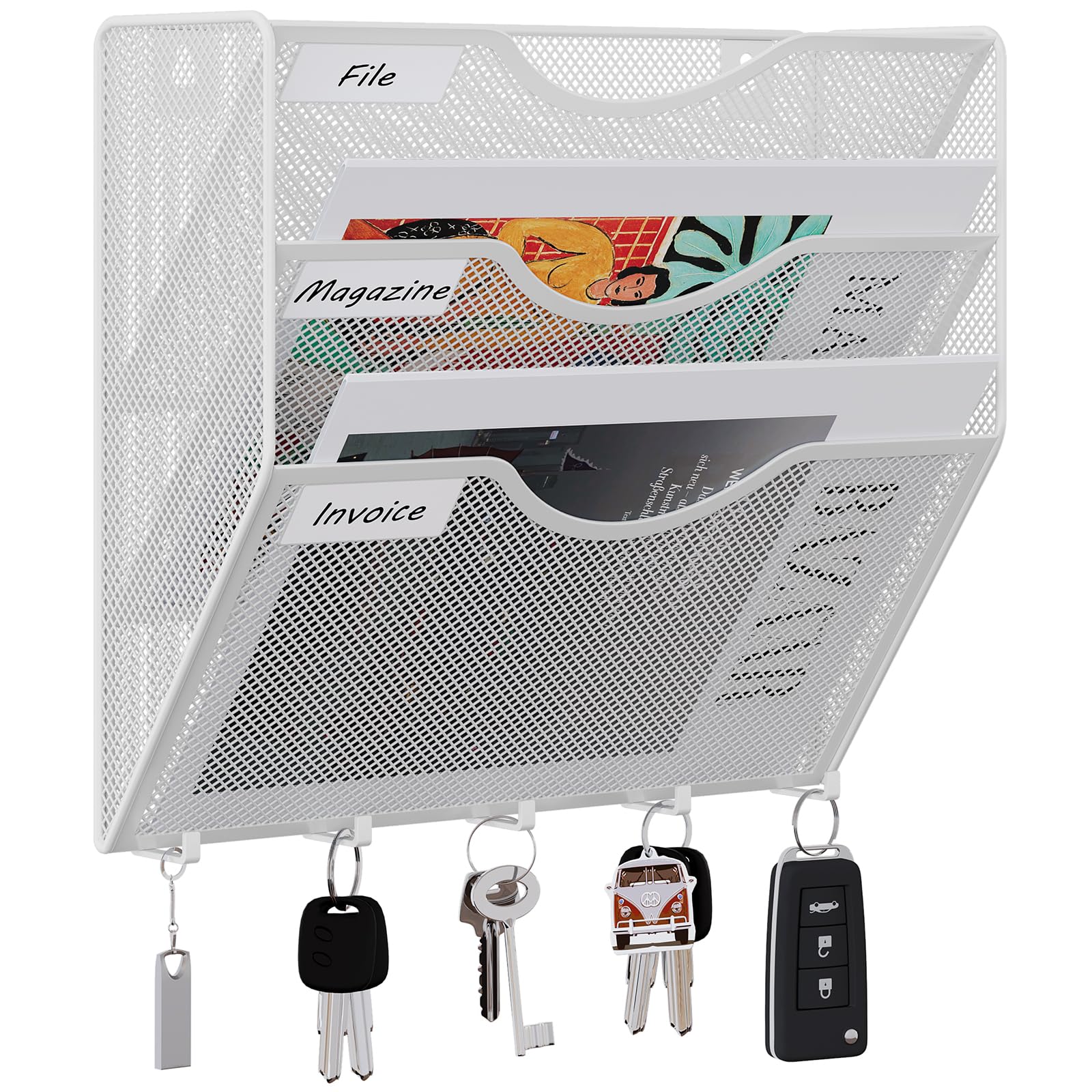 EasyPAG Metal 3 Tier A4 Wall Mounted Document Holder,Hanging Wall File Organiser,Pigeon Holes Storage,Filing Tray,Wall Pocket,Magazine Rack with 5 Hooks for Office & Home,White