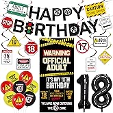 Roetyce 18th Birthday Decorations for Boys Girls, Caution Logos Happy 18th Birthday Banner Backdrop Balloons Hanging Swirls Kit, 18 Years Old Party Yard Door Wall Cover Background