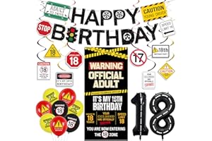Roetyce 18th Birthday Decorations for Boys Girls, Caution Logos Happy 18th Birthday Banner Backdrop Balloons Hanging Swirls Kit, 18 Years Old Party Yard Door Wall Cover Background