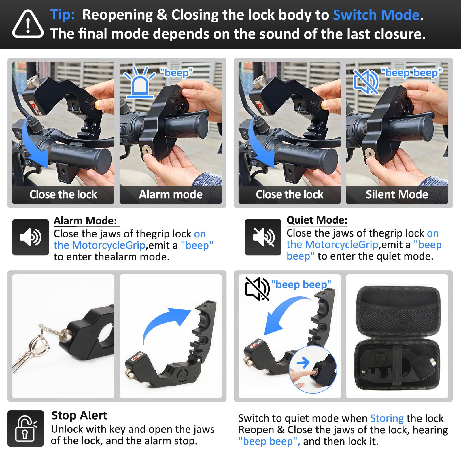 Motorcycle Locks Anti Theft, Motorcycle Grip Lock 130DB Alarm Heavy Duty Throttle Lock, Waterproof Brake Alarm for Moped, Bike, Scooter, ATV (Black)