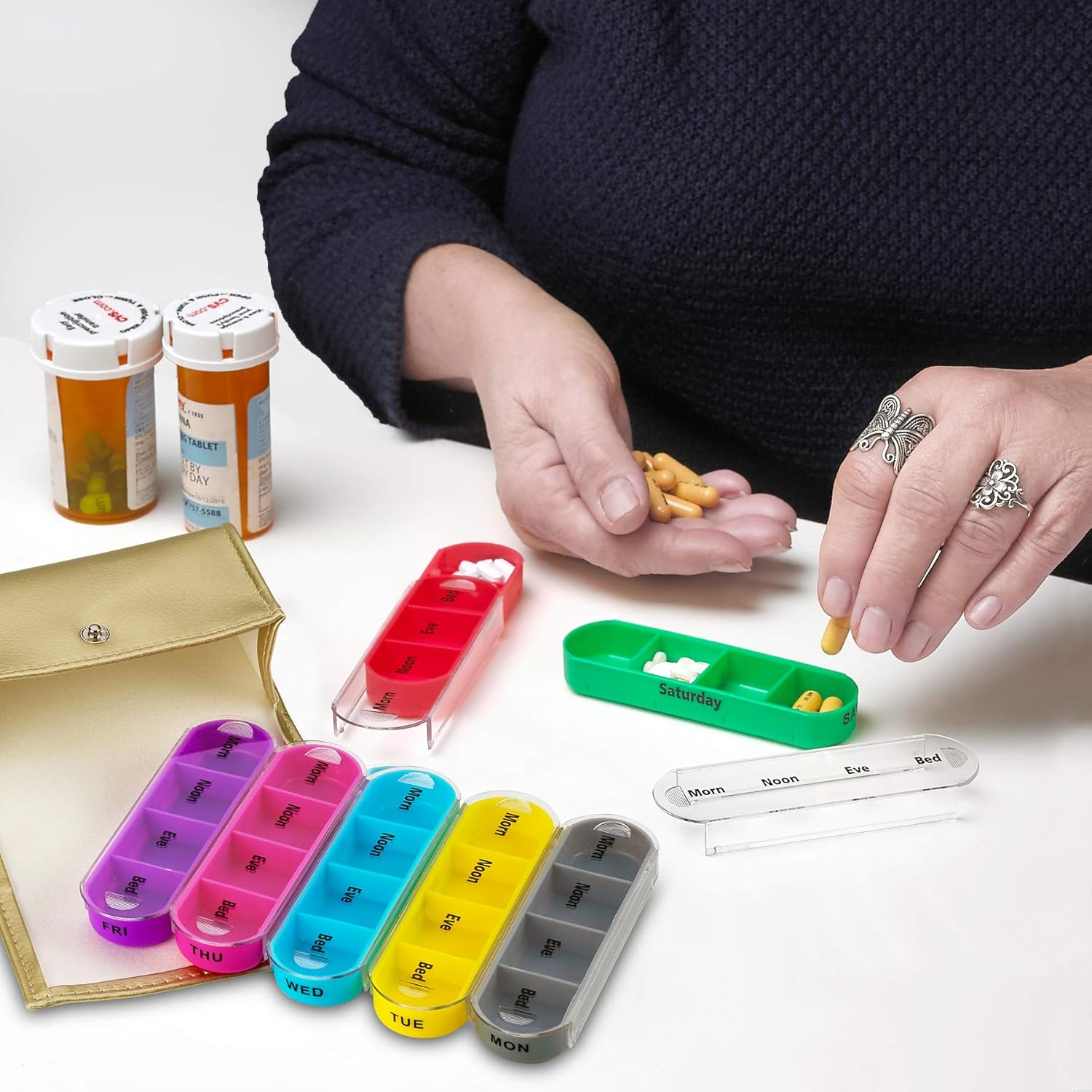 Weekly Travel Pill Organizer - Prescription and Medication Wallet Pill Box Reminder, Pill Container Dispenser Case, Vitamin Caddy Organizer, for 4 Times A Day, 7 Days a Week: Health & Personal Care