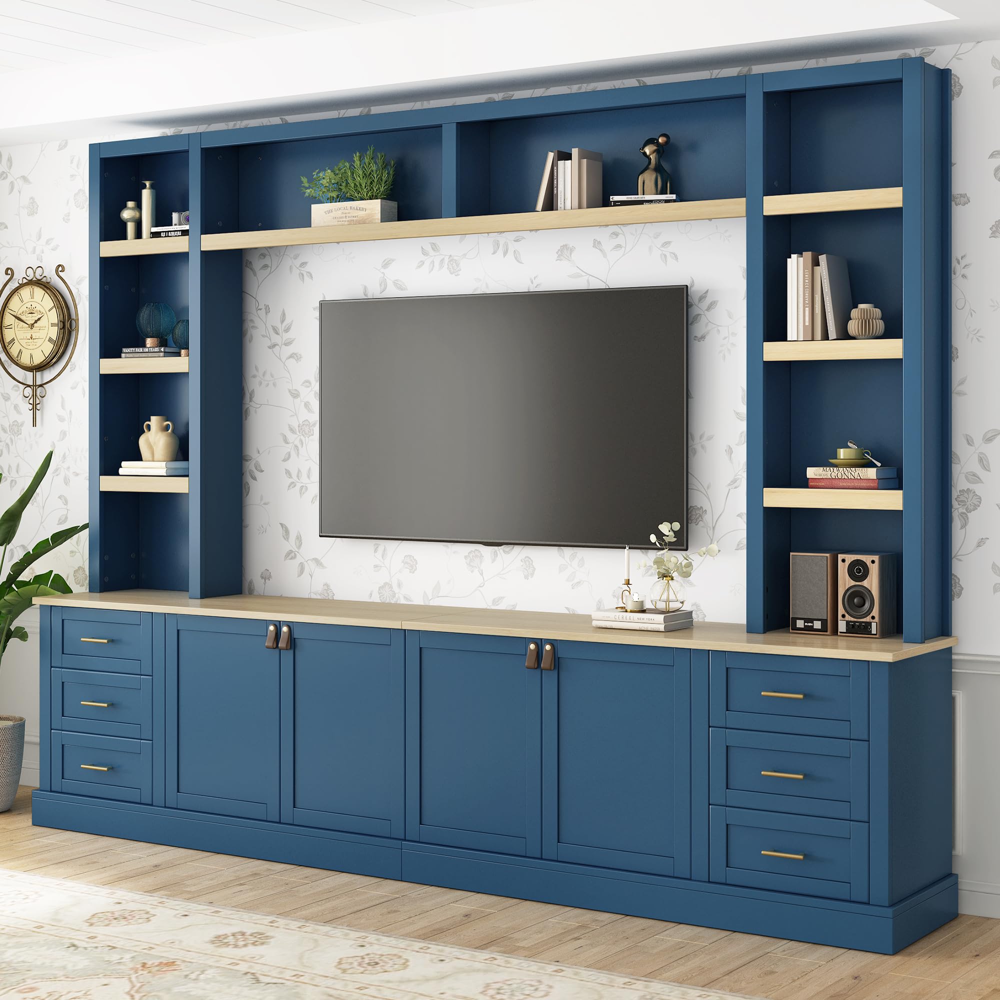 Merax 102.3 Inch Wide Farmhouse Entertainment Center, Rustic TV Stand with 6 Drawers & Adjustable Shelves, Large Media Console for TVs up to 75", Modern Bookshelves Wall Unit, Blue