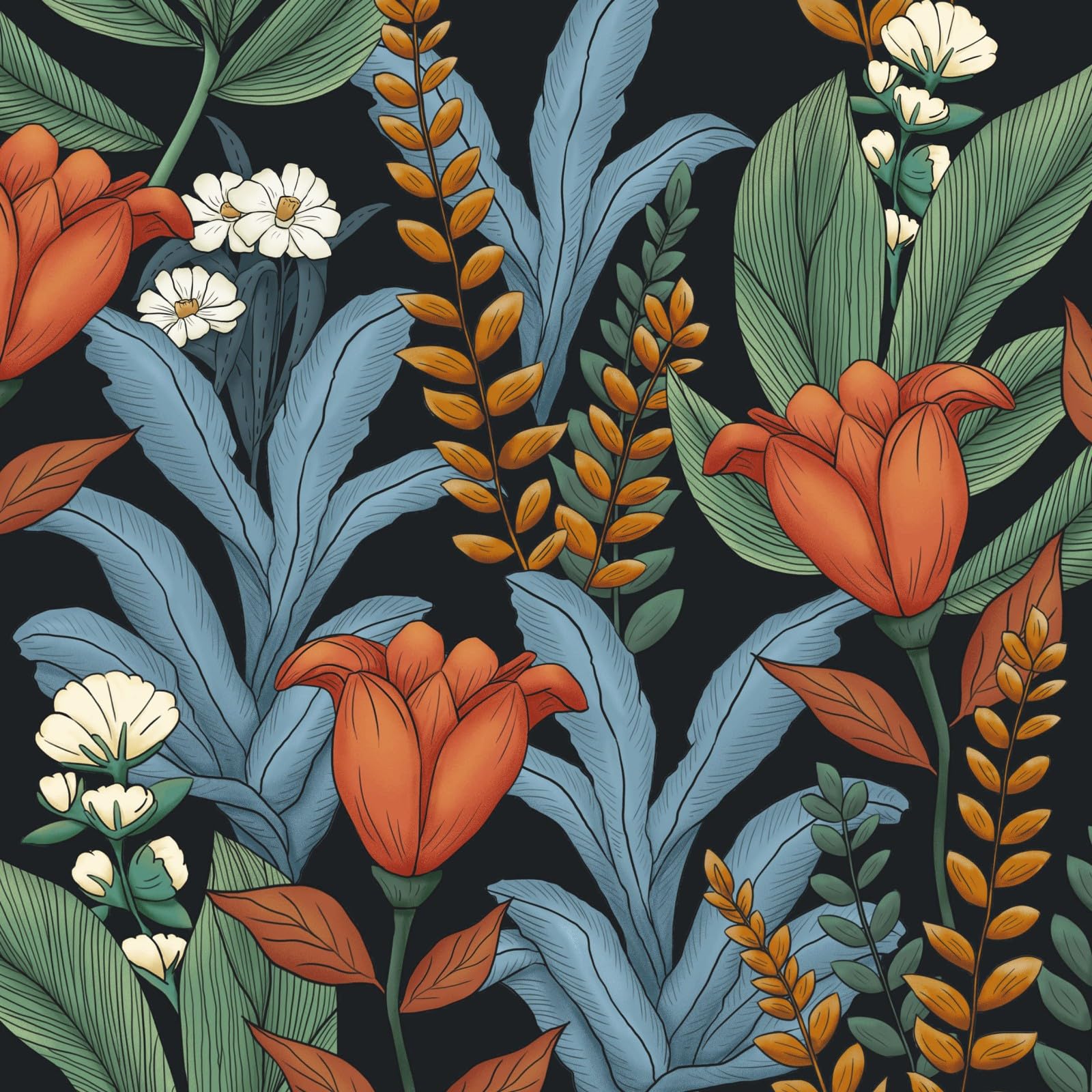 VOLEAAR 44.5CM x 1000CM Retro Wallpaper Peel and Stick Floral Contact Paper Boho Leaf Wall Paper for Bedroom Bathroom Wall Decor Cabinets Shelves Removable Vinyl Black