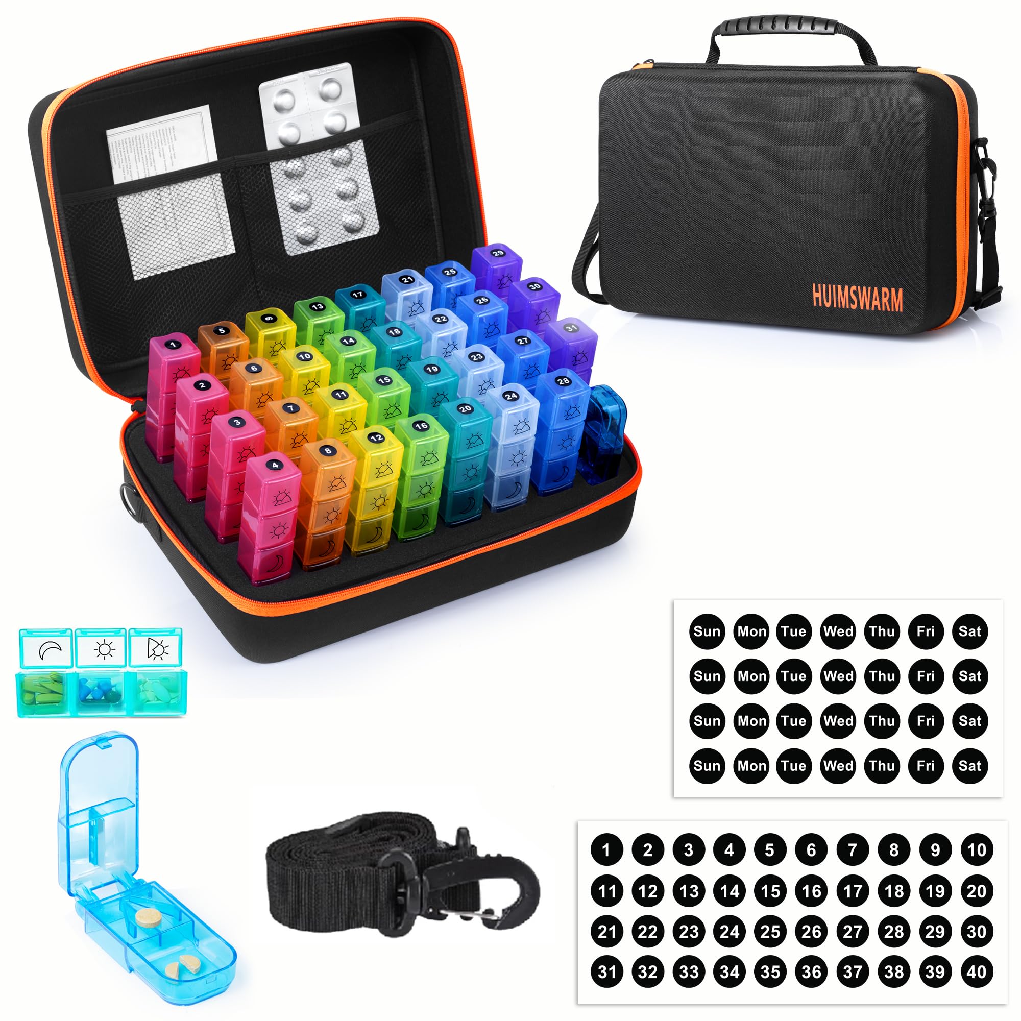Photo 1 of Monthly Pill Organizer 3 Times a Day with 1Pill Cutter&1 Strap&32 Day Sticker&4 Week Sticker&31 Daily Compartments,Pill Organizer Monthly 3 Times a Day Larger Design,Comfortable Handle,BPA-Free.