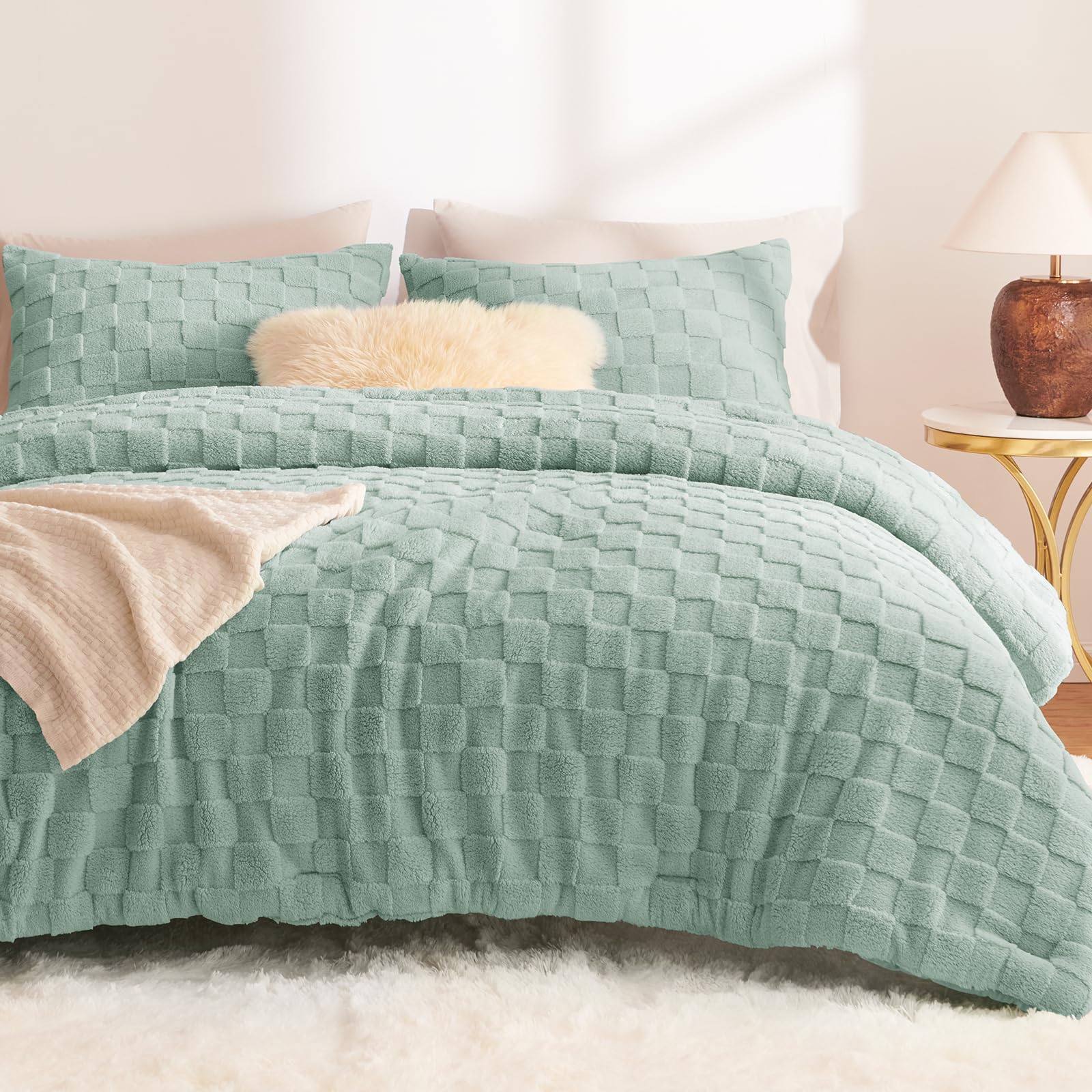 Photo 1 of CozyLux King Size Comforter Set Sage Green, Fluffy Plush Fleece Comforter with Checkered Pattern, Farmhouse Boho Soft Warm Bed Set, 3 Pieces, 1 Comforter and 2 Pillowcases